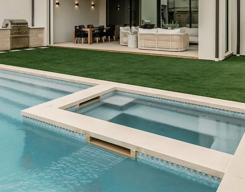 Custom pool and raised spa detail at a Kingdom Development residence